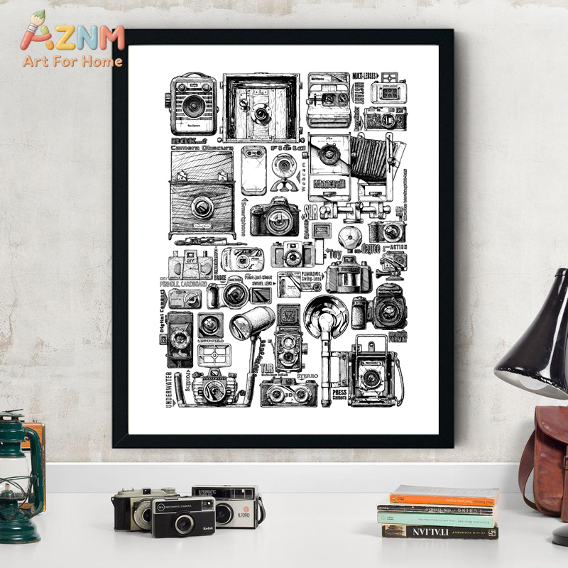AZNM 빈티지 카메라 컬렉션 캔버스 벽 예술 흑백 스 - Collectible Vintage Cameras 리뷰 및 가격